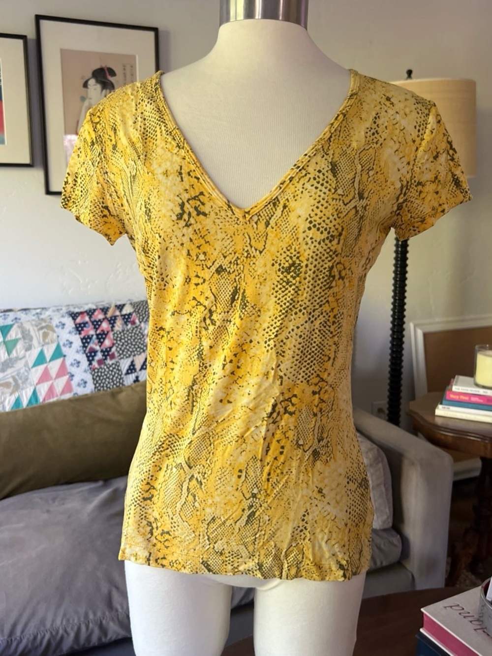 St. John Yellow Snake-Print V-Neck Tee